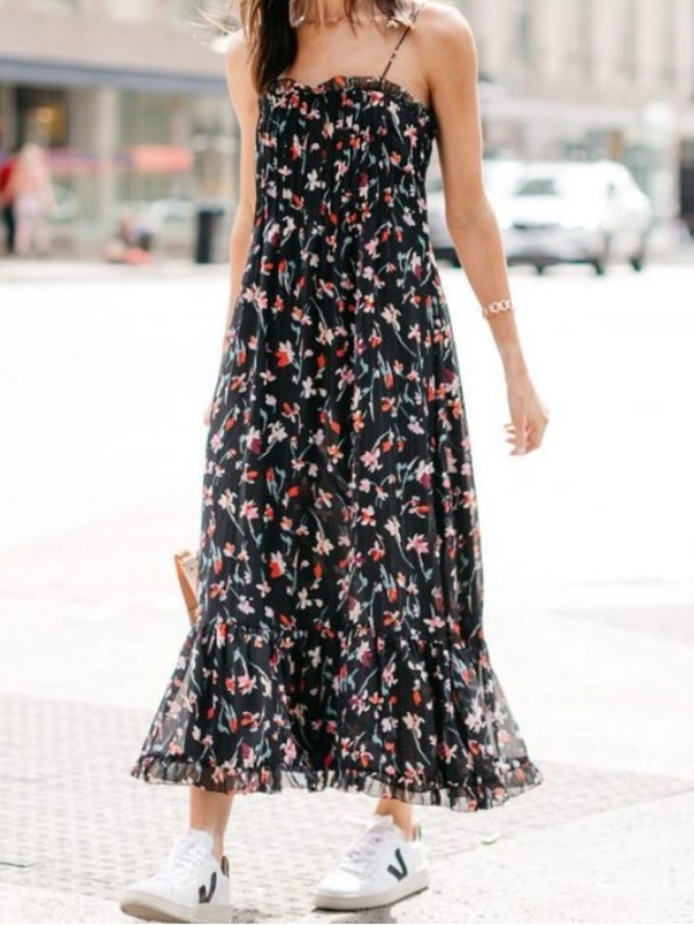 Madewell Black Floral Smocked Midi Dress